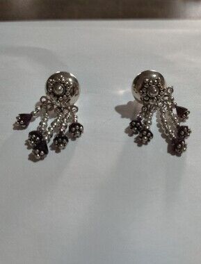 925 Sterling Silver Floral Dangle Earrings with Red Gemstone Accent Beads